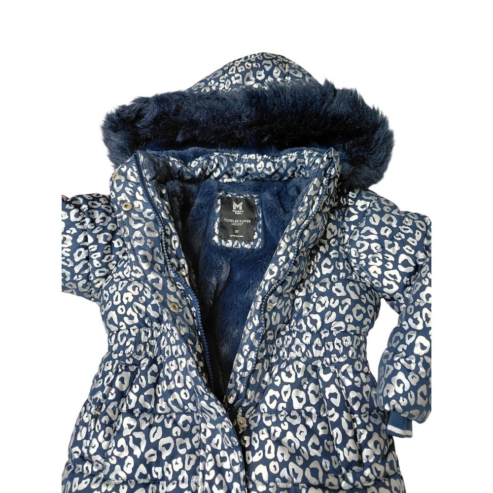 Members Mark Toddler Puffer Jacket 3T Navy Leopard Print Faux Fur Hood Winter - Picture 4 of 9